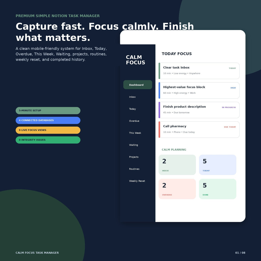 Calm Focus Task Manager - Premium Notion Template