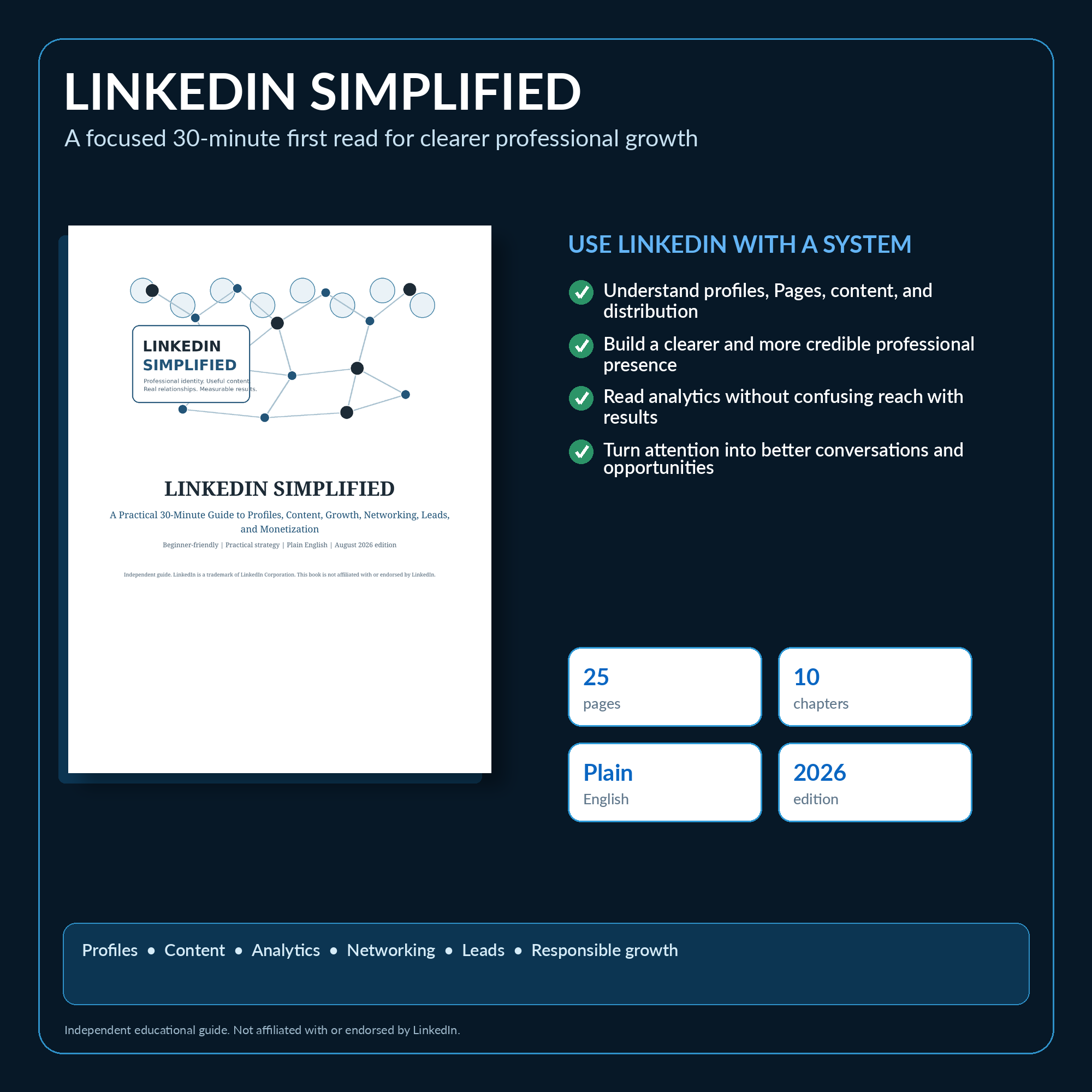 LinkedIn Simplified PDF ebook mockup with guide benefits and cards showing 25 pages, 10 chapters, plain English, and a 2026 edition.