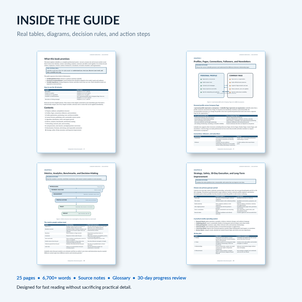 Preview of four interior pages showing tables, diagrams, decision rules, analytics, and practical action steps.
