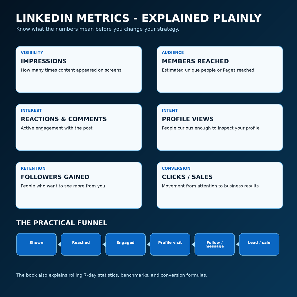 LinkedIn metrics dashboard explaining impressions, members reached, reactions, profile views, followers, clicks, and sales.