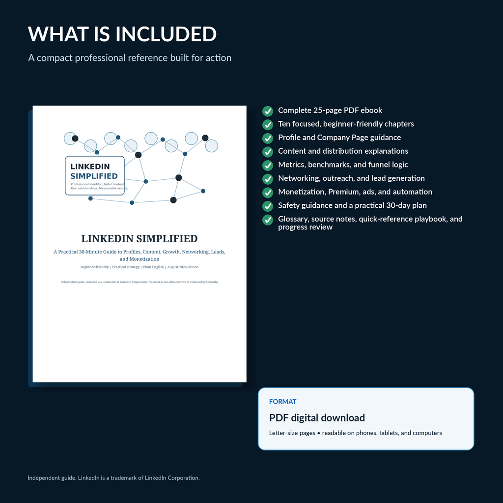 LinkedIn Simplified ebook mockup beside a checklist of chapters, profile guidance, analytics, networking, sources, and the 30-day plan.