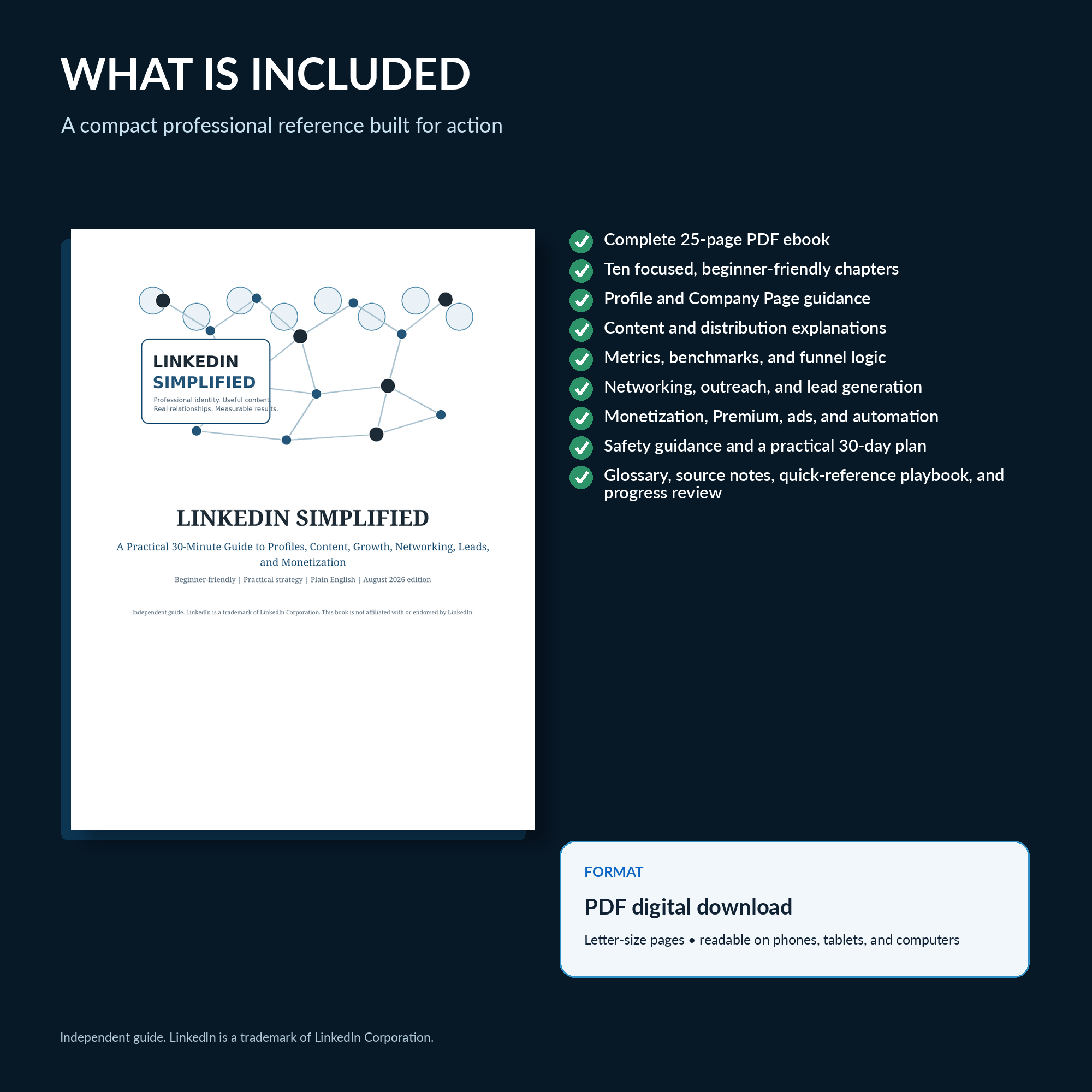LinkedIn Simplified ebook mockup beside a checklist of chapters, profile guidance, analytics, networking, sources, and the 30-day plan.