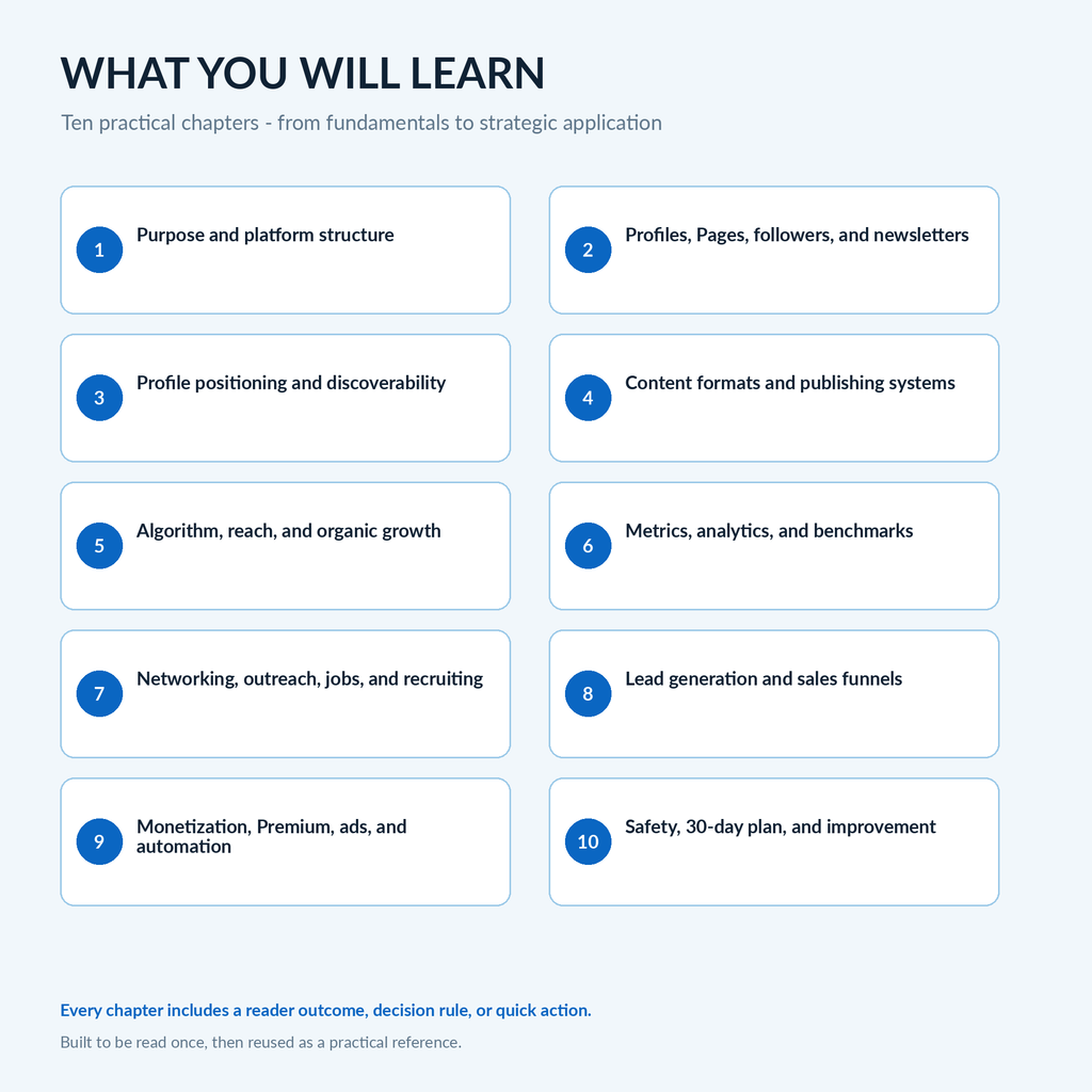 Ten-chapter overview covering LinkedIn profiles, Pages, content, distribution, analytics, networking, leads, monetization, and safety.