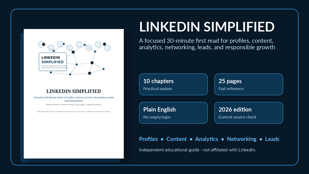Wide LinkedIn Simplified banner with book mockup, 10 chapters, 25 pages, plain-English positioning, and 2026 edition information.